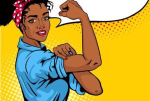 Woman flexing to represent female empowerment and gender equity